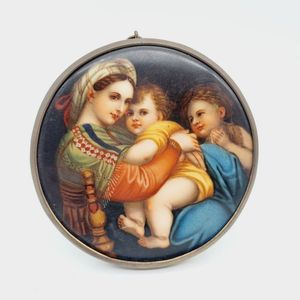 Porcelain plaque, framed round shape with hand painted Madonna…