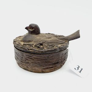 Bronze trinket box, 19th century round box with bird on nest,…