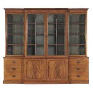 A George III mahogany breakfront bookcase, the dentil cornice&hellip;