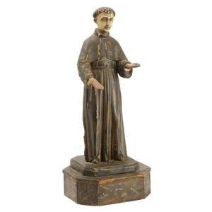 A painted Santos figure of Saint Anthony of Padua, the brown…