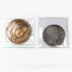 French 5 francs coin and Napoleon bronze Battle of Jenna…