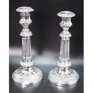 Pair of Sheffield Plate telescopic candlesticks, height 27 cm…