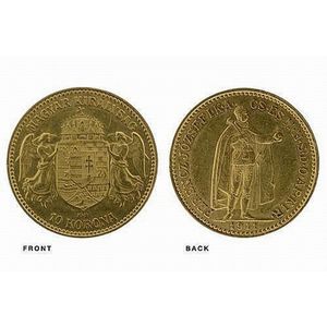 A Hungarian ten Corona gold coin; 1911, coat of arms, Ferencz…