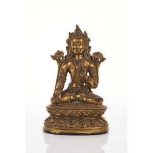 Tibetan gilt bronze figure of green Tara, adorned in various&hellip;