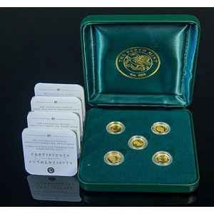 Boxed 5 Perth mint 2003 gold Australian nugget $4 proof coins,…