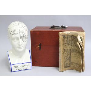 Vintage cased Fowler Phrenology head with a wooden box along…