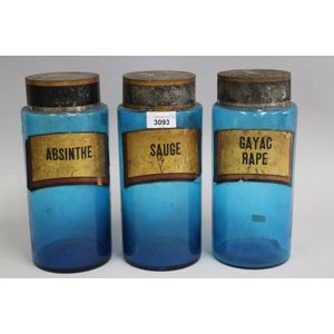 Three large blue glass chemist jars, ABSINTHE, SAUGE and GAYAC…