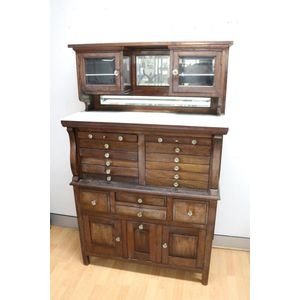 Antique oak multi drawer dentist cabinet with marble top with…