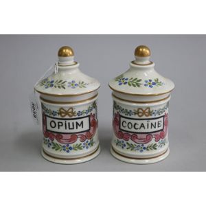 Two lidded Apothecary jars- OPIUM-COCAINE, marked Sevres, each…