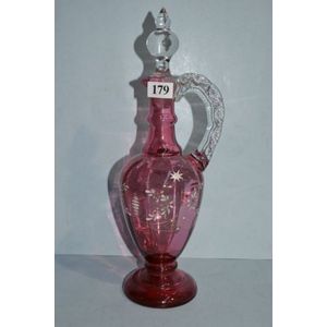 19th century ruby glass and enamelled decanter with stopper,…