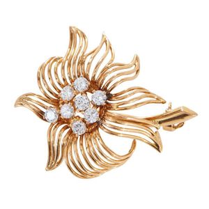 18ct Gold Diamond Flower Brooch - French Hallmark - Brooches - Jewellery