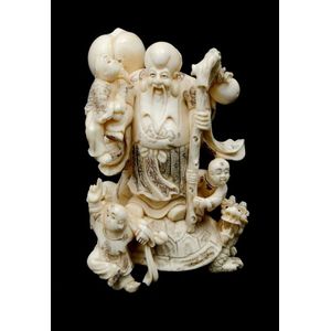 Japanese Ivory Netsuke Of Fukurokuju And Attendants - Netsuke - Oriental