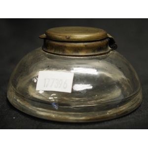 Antique round glass order with brass lid inkwell