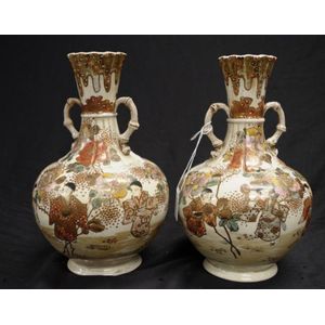 Pair of antique Japanese Satsuma pottery vases 24.5 cm high