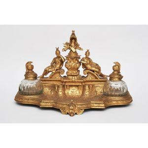 Gilded bronze inkstand late 19th century with two cut crystal…