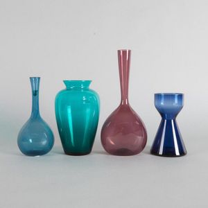 Four Scandinavian glass vases, various forms in blue, turquoise ...