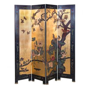 Lacquered Bird and Blossom Four Panel Screen - Furniture - Oriental