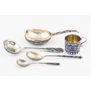 A collection of Russian silver and champleve enamel objects,…