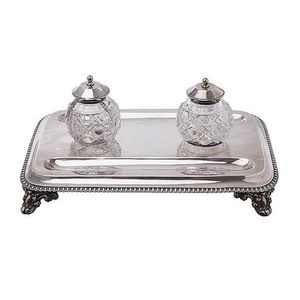 Victorian Silver Ink Stand With Crystal Ink Bottles - Writing 