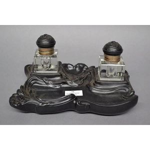 Antique French Art Nouveau black gutta percha double bottle ink…