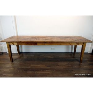 A fine antique pine farmhouse table, 19th century, a long plank…