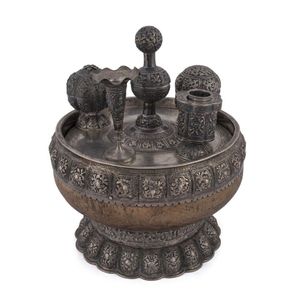 A Burmese silver betel nut bowl with accessories, 19th century,…