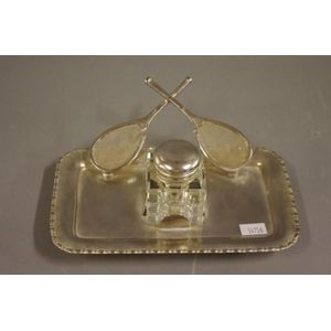 Silver plate inkstand with tennis racquet decoration and ink…