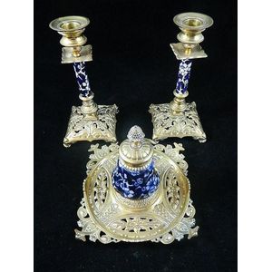 Victorian 3 piece brass and porcelain desk set - inkwell and 2…