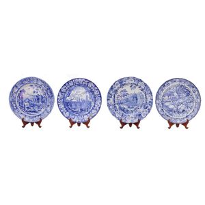 Four English blue and white transfer dinner plates, one in '…