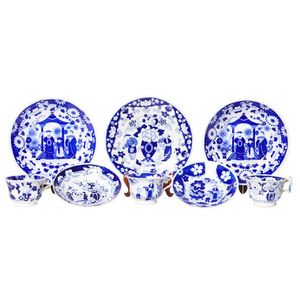 Six blue and white transfer wares, in various Chinoiserie…