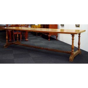 Large stretcher base farmhouse table with turned supports, 298…