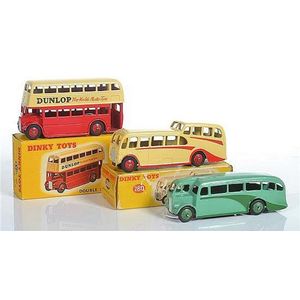 Three Dinky buses, including 290 double Deck Bus Dunlop, cream…