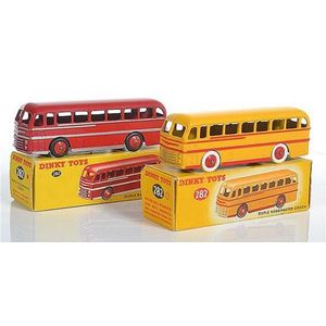 Two Dinky 282 Duple Roadmaster coaches, one yellow body with…