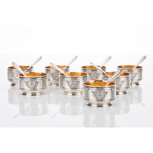 Set of eight silver salt cellars, mark of Faberge, with the…