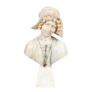 Alabaster bust of a young milkmaid on tapered marble base,…