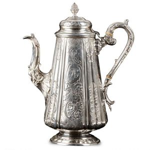 A very fine silver-plated coffee pot, dated 1872. Etching to…