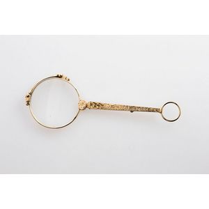 Pair of 9ct gold lorgnettes, engraved tapering handle with…