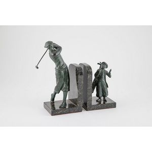 Art Deco bronze & marble golfer & caddy bookends, probably&hellip;