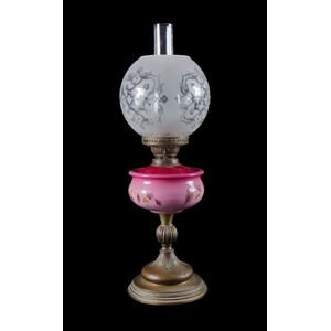 Victorian kerosene table lamp. With pink milk glass font &…