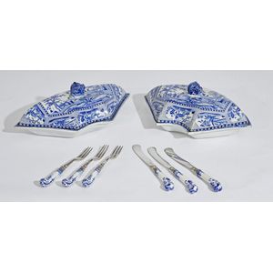 Two blue and white transfer lidded sectional dishes and cutlery,…