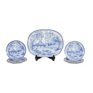 A rare Georgian blue and white transfer Ashett and six plates,…