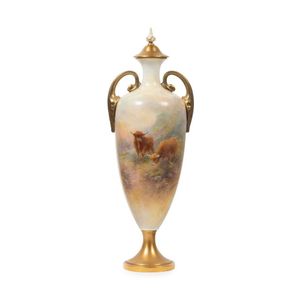 A slender Royal Worcester lidded urn vase by Harry Stinton,…