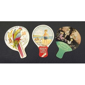 Three early Australian advertising paddle fans. two Arnotts…