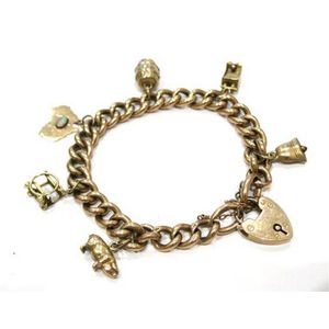 A 9ct yellow gold charm bracelet, curb links with six charms…
