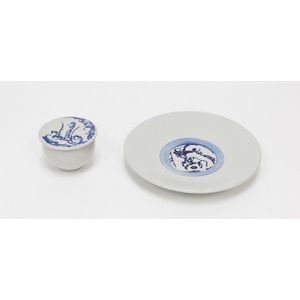 Pauline Wellfare, blue and white stoneware plate and a lidded…