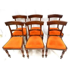 Six Victorian walnut & orange velvet upholstered dining chairs