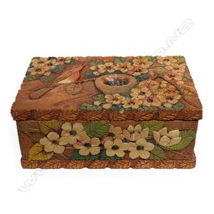 Jane Brenkley, carved and painted wooden box, the lid with deep…