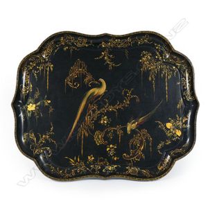 A 19th century black-ground papier mache tray, in exceptional…