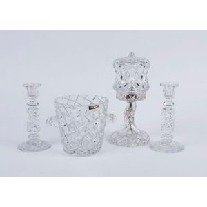 A vintage crystal table lamp and shade, pair of candlesticks…