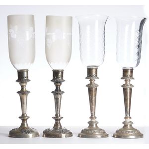 Two pairs of Sheffield Plate candle holders with shades, early…